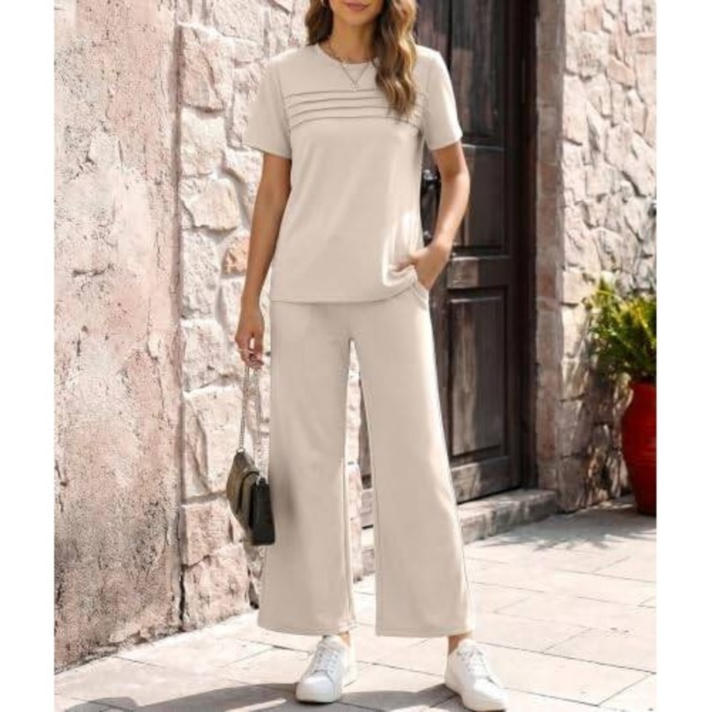 Wiholl Womens 2 Piece Lounge Set Beige Short Sleeve Top and Straight Leg Pants L